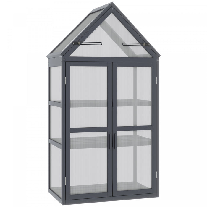 Outsunny Wooden Cold Frame Greenhouse Garden Portable Raised Planter Protection With 3 Tier Shelves, Openable Top And Double Doors, For Outdoor Indoor Use, 28\" X 17\" X 52\", Grey