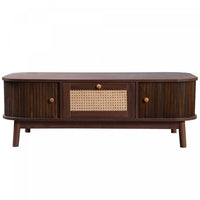 Grain 43.5 Inch Rattan Coffee Table with Sliding Doors, Drawers and Solid Wood Legs, Wood