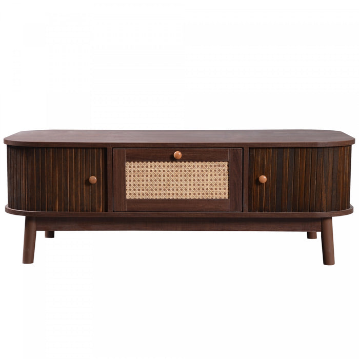 Grain 43.5 Inch Rattan Coffee Table with Sliding Doors, Drawers and Solid Wood Legs, Wood