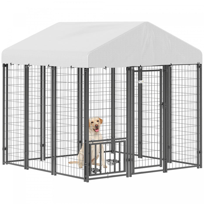 Pawhut 6' X 6' X 6' Dog Run Outdoor, Large Outdoor Dog Kennel Welded Wire Steel Fence With Uv-resistant & Waterproof Cover, Rotating & Adjustable Bowls, Secure Lock, Silver