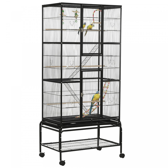 Pawhut 71\" Bird Cage, 3 Tier Large Parrot Cage With Wheels, Perches, Ramp, Storage Shelf, Toys For Canaries, Finches, Cockatiels, Parakeets, Black