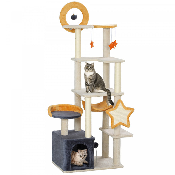 Pawhut Cat Tower, 63 Inch Cat Tree For Large Cats Adult With Cat Scratching Posts, Cat Condo, Bed, Scratching Board, Cat Toys, Star And Moon Themed Cat Tree For Indoor Cats, Beige