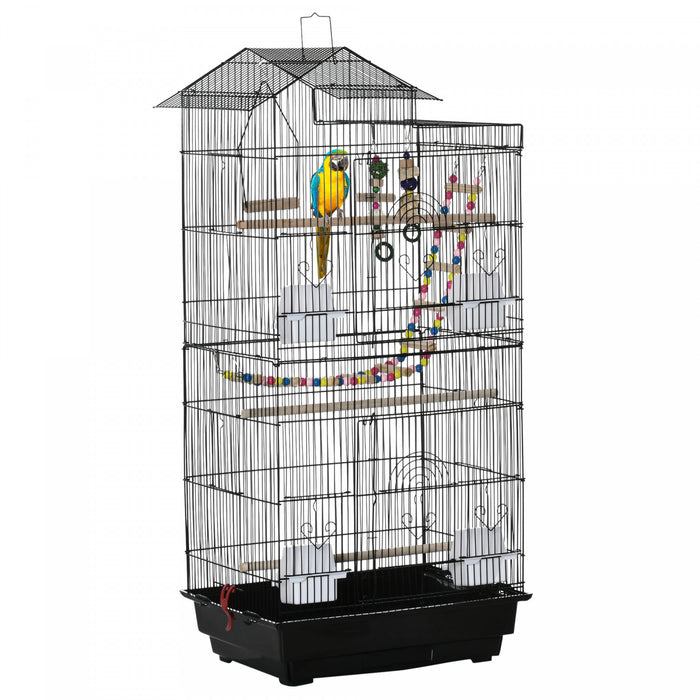 Pawhut 39\" Bird Cage For Budgie, Cockatiel, Conure, Small Birds, Parrot Cage With Ladder, Swing, Toys, Perches, Tray, Feeding Bowls, Handle, Black