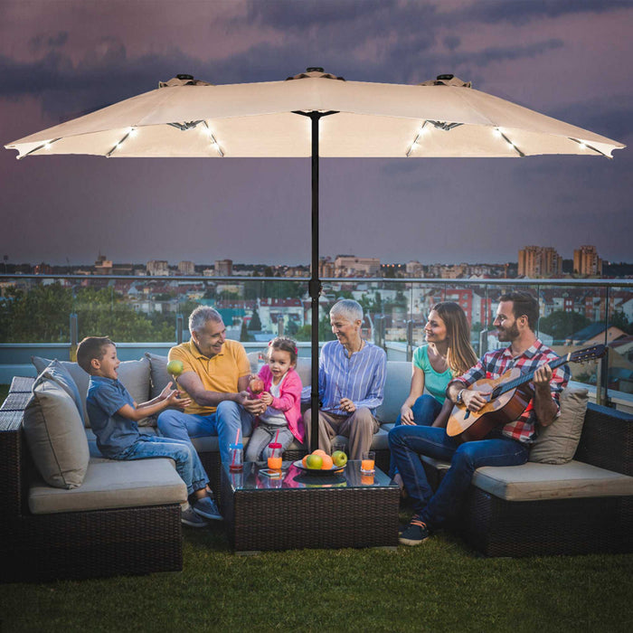 Costway 15Ft Patio Double-Sided Solar LED Market Umbrella Crank Base Beige