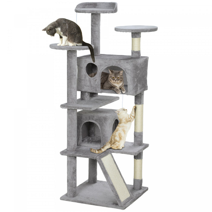 Pawhut 54\" Cat Tree, Cat Tower For Indoor Cats With Scratching Posts, Cat Condos, Bed, Platforms, Ramp, Toy Ball, Cat Activity Center, Light Grey