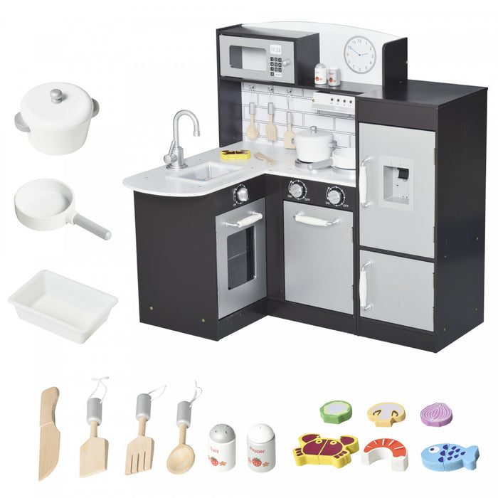 Qaba Kids Kitchen Play Cooking Toy Set For Children With Drinking Fountain, Microwave, And Fridge With Accessories - Black