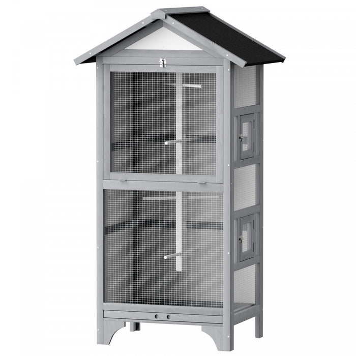 Pawhut 62.5\" H Large Wooden Bird Cage Outdoor Indoor For African Grey Small Quaker Amazon Parrot Cockatiel Sun Parakeet Green Cheek Conure Dove Lovebird Budgie Play, Light Grey