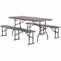 Outsunny 6FT 3-Piece Faux Rattan Folding Picnic Table w/ 2 Benches, Brown