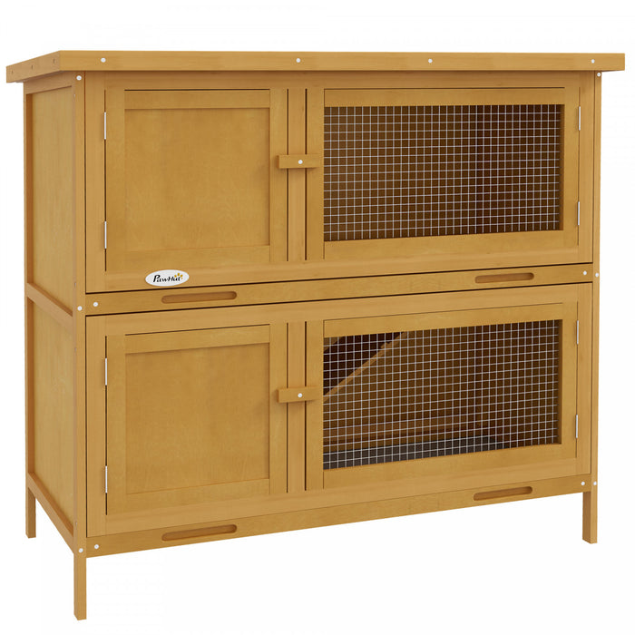 Pawhut Rabbit Hutch, Wooden 2 Tier Bunny Guinea Pig Cage With Openable Top, Slide-out Tray, Ramp, Asphalt Roof, For 2 Rabbits Outdoor Backyard Use, Yellow