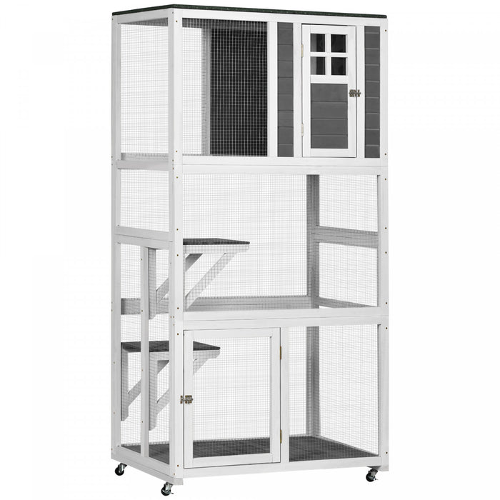 Pawhut 74\" Wooden Outdoor Cat House Weatherproof & Wheeled, Catio Outdoor Cat Enclosure With High Weight Capacity, Kitten Cage Condo, White