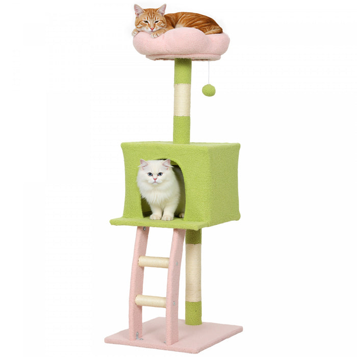 PawHut Flower Cat Tree, 48\" Cat Tower for Indoor Large Kitty with Scratching Post, Cozy Bed, Condo, Climbing Ladder, Perch, Dangling Ball, Multi-Level Kitten Activity Center