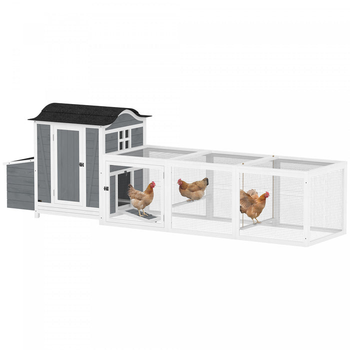 PawHut 118\"L Chicken Coop, Large Wooden Hen House with Run, Pull-Out Tray, Waterproof Roof, Nesting Box, Swing, Roosting Bars, Outdoor Chicken House for 3-4 Hens, Light Grey