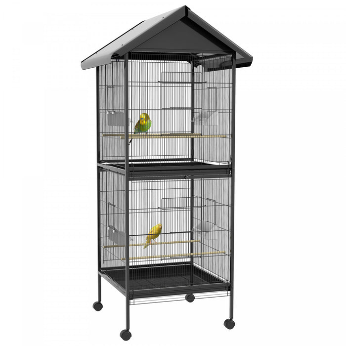 Pawhut Wrought Metal Bird Cage Feeder With Rolling Stand Perches Food Containers Doors Wheels 67\" H, Black