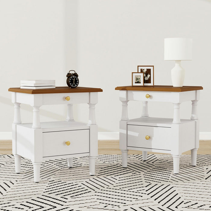Aspen Nightstand Set of 2 with Drawers and Open Shelves, Milk White