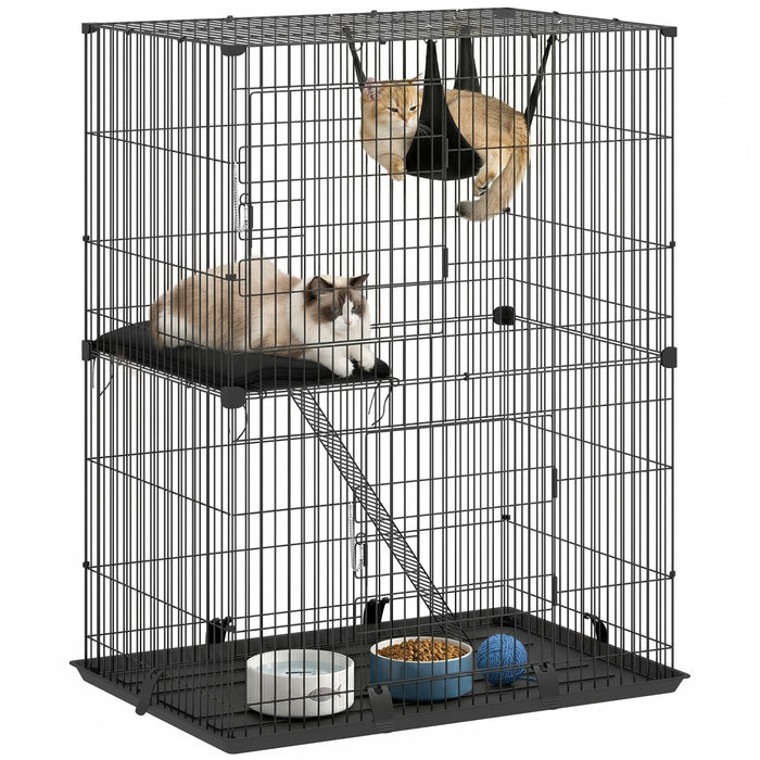 PawHut 2-Tier Cat Cage Indoor, Detachable Metal Wire Kennel with 2 Lockable Doors, Hammock, Ladder, Platform, Bottom Tray and Cushion for 1-2 Kittens, Black