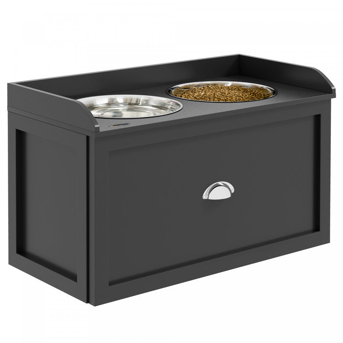 Pawhut Elevated Dog Bowls For Large Dogs, Raised Pet Feeding Station With 2 Stainless Steel Bowls, Hidden Storage Drawer, Wood Stand For Cats, Black
