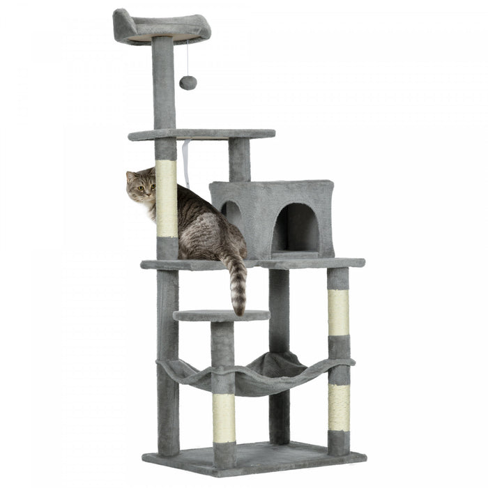 Pawhut Tall Cat Tree For Indoor Cats, 57\" Multi-level Cat Tower With Hammock, Cat Bed, Cat Condo With Sisal Scratching Posts, Grey