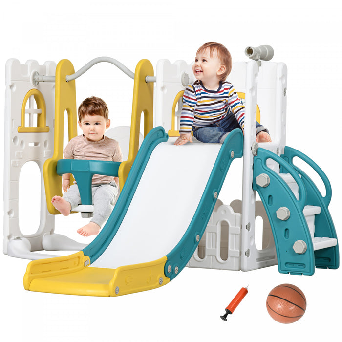 Qaba 6-in-1 Slide And Swing Set With Basketball Hoop, Climber, Baby Swing Set Indoor Playground With Storage Space, Telescope, For Aged 1-3 Years Old, Yellow