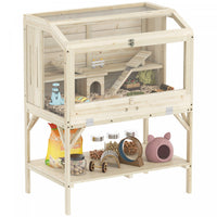 PawHut Wooden Hamster Cage, Gerbil Cage with Openable Top, Removable Tray, Seesaws, Water Bottle, Transparent Panels for Syrian, Dwarf Hamsters and Gerbils, 33.1