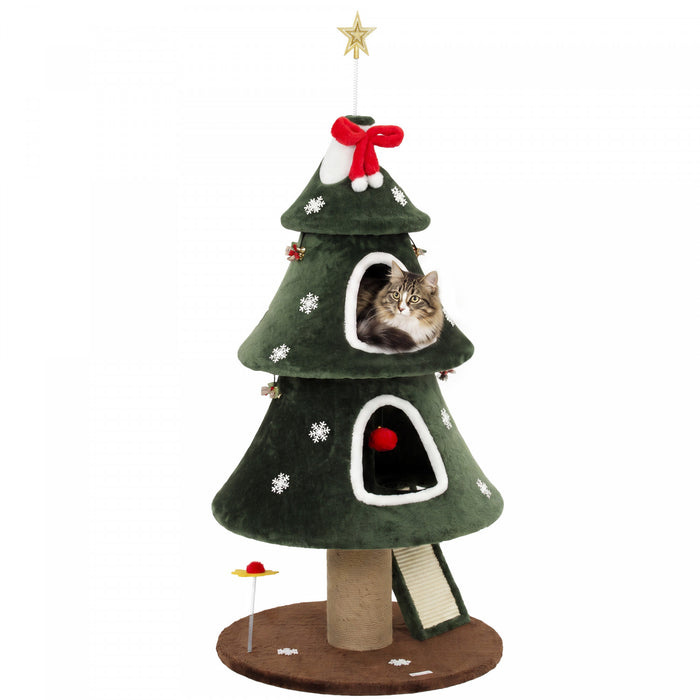 PawHut 52\" Christmas Cat Tree, 2-Tier Cat Tower with Dual Condos, Scratching Posts, Sisal Ladder, Anti-Tip Rope, Hanging Balls, Kitten Furniture for Indoor Cats, Green