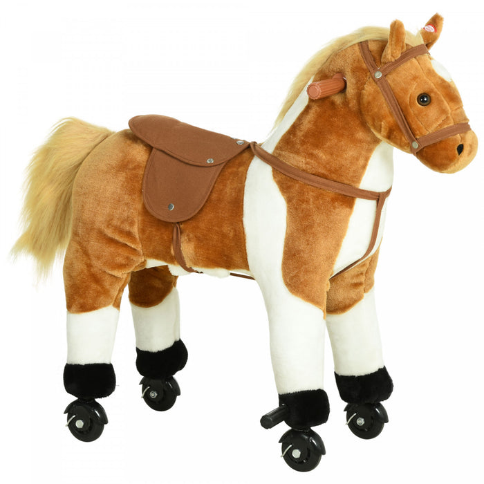 Qaba Kids Rocking Horse, Large Walking Ride On Toy For Toddlers 3 Year Old, Baby Plush Animal Rocker With Sound And Wheel, Brown
