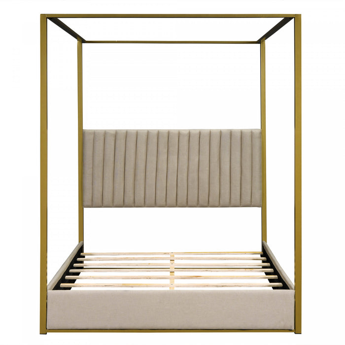 Sophia Upholstery Canopy Platform Bed with Foam Headboard and Velvet,Queen Size,Beige Queen Bed