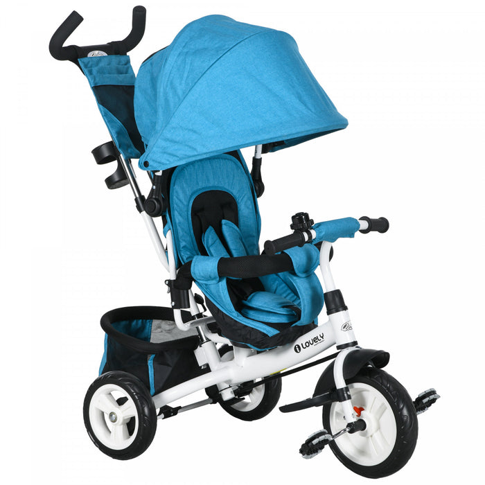 Qaba 6 In 1 Toddler Tricycle, Kids Trike With Foldable Canopy, Removable Parent-push Handle And Cover, Storage Basket, 5-point Safety Belt, For Child 1-5 Years, Blue