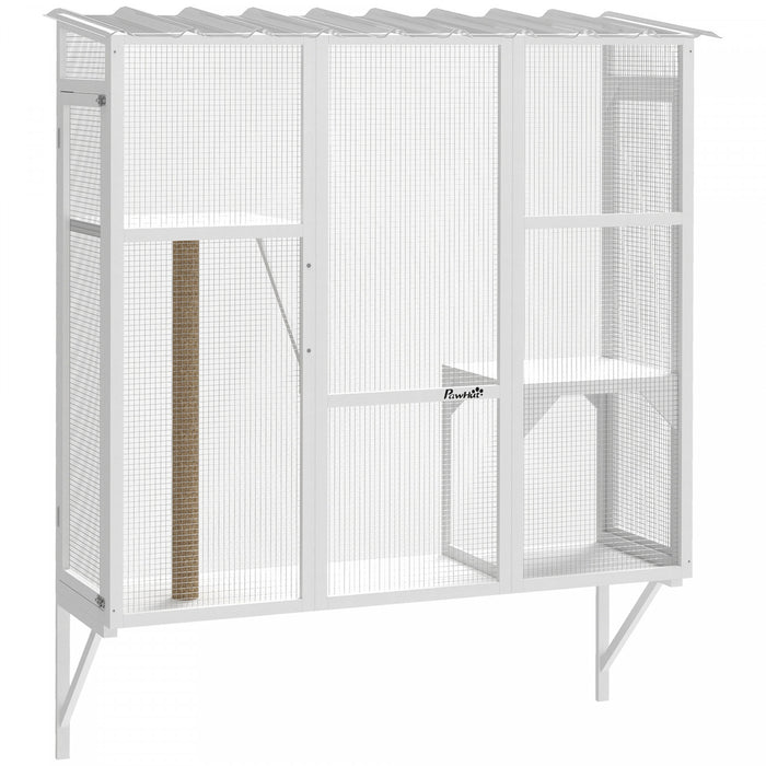PawHut Catio Outdoor Cat Enclosure, Cat Window Box for 2-3 Cats with 2 Jumping Platforms & Scratching Post, Expendable Secure Window Perch House for Large Indoor Cats, White