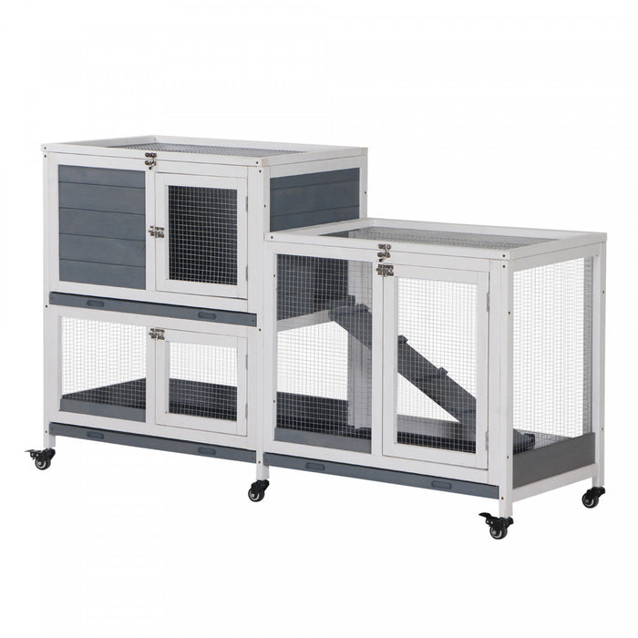 Pawhut Wooden Rabbit Hutch Bunny Hutch Elevated Pet House Cage Small Animal Habitat With No Leak Tray Lockable Door Openable Top For Indoor 57.75\" X 18\" X 32.5\" Grey