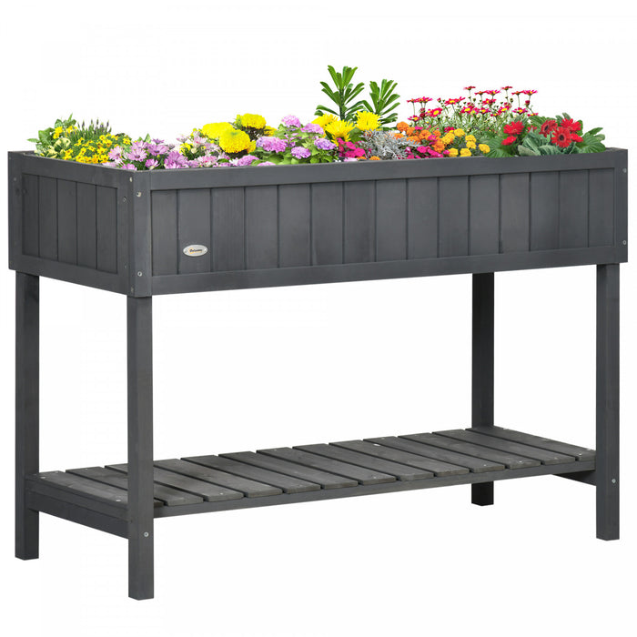 Outsunny 43.25\" X 18\" X 30\" Elevated Wooden Garden Plant Stand Outdoor Raised Flower Bed 8 Grid Box With Storage Shelf Yard Herb Planter Dark Grey