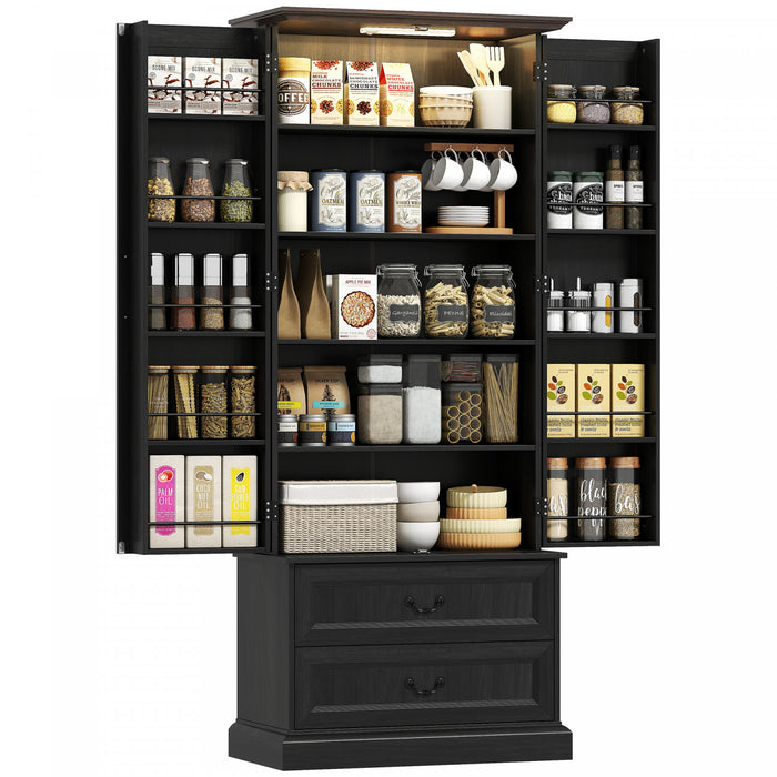HOMCOM 72\" Kitchen Pantry Cabinet with LED Light and Door Shelves, Black