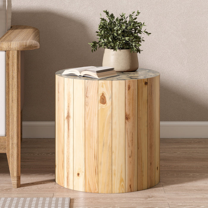 Liam Round Solid Wood End Table,Beige Brown