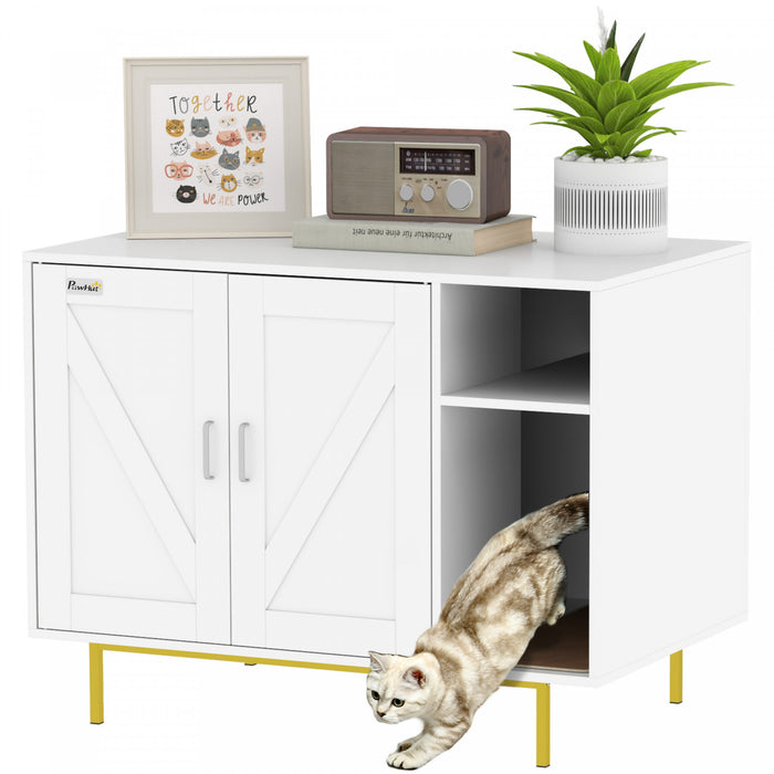 Pawhut Cat Litter Box Enclosure, Litter Box Furniture With Scratching Pad, 2-door Storage Cabinet, Indoor Cat House For Living Room, Bedroom, 31.5\" X 20\" X 24\", White