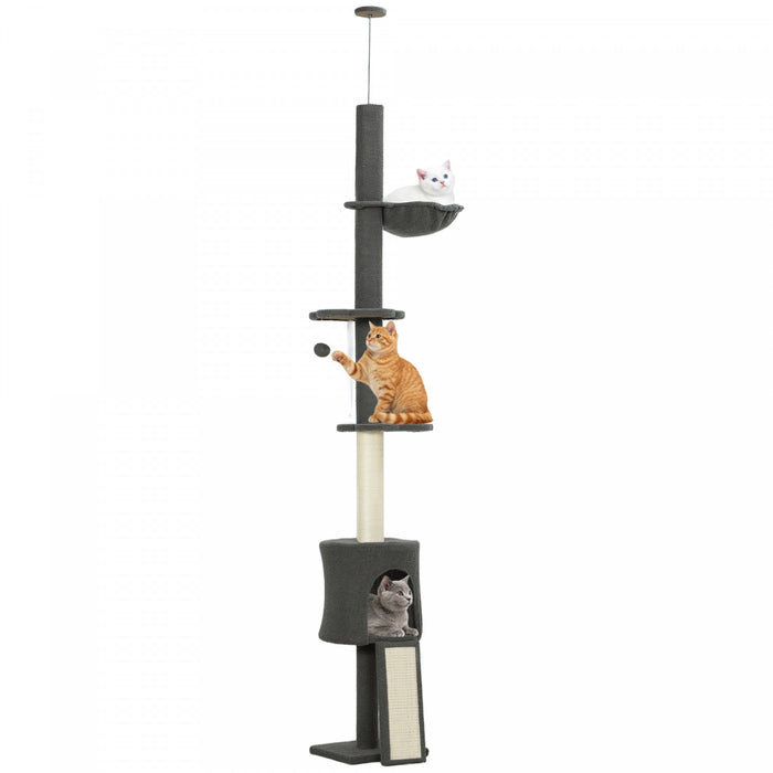 PawHut Floor to Ceiling Cat Tree, 5-Tier Cat Tower Adjustable Height 87\"-94.5\" with Sisal Scratching Post, Condo, Hammock, Ramp, Climbing Activity Center for Indoor, Dark Grey