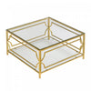 Gleam 33.5 Inch Square Tempered Glass Coffee Table with Geometric Gold Frame and Lower Shelf, Transparent