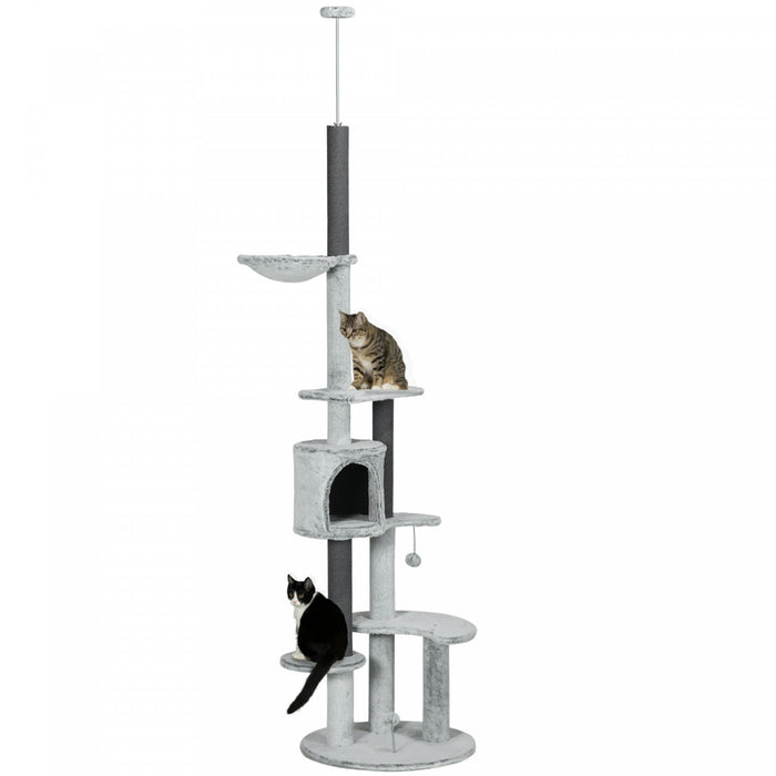 Pawhut Floor To Ceiling Cat Tree For Large Cats, 89\"-100\" Adjustable Height Cat Climbing Tower W/ Hammock, Scratching Posts, Condo, Perches, Toy Ball, Anti-tip Kit, Grey