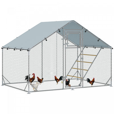 Pawhut Chicken Run, Large Metal Chicken Coop With Feeding Door, Waterproof & Uv-resistant Cover, Hanging Feeder, Perch, Poultry Cage For Outdoor, Backyard, Farm, For 6-8 Poultry
