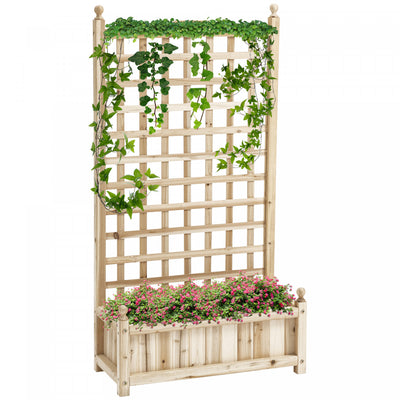 Outsunny Raised Garden Bed w/ Trellis Wood Garden Planter Box Natural Wood
