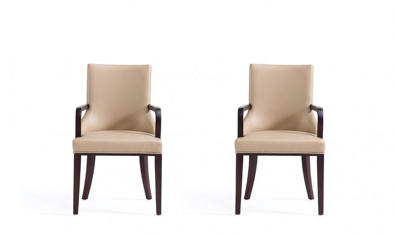 Shubert Modern Wood Vegan Leather and Velvet Armchair in Tan - Set of 2