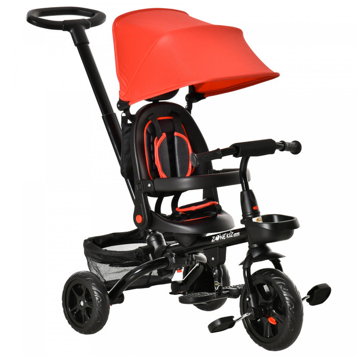 Qaba Baby Tricycle 4 In 1 Trike W/ Reversible Angle Adjustable Seat Removable Handle Canopy Handrail Belt Storage Footrest Brake Clutch For 1-5 Years Old Red