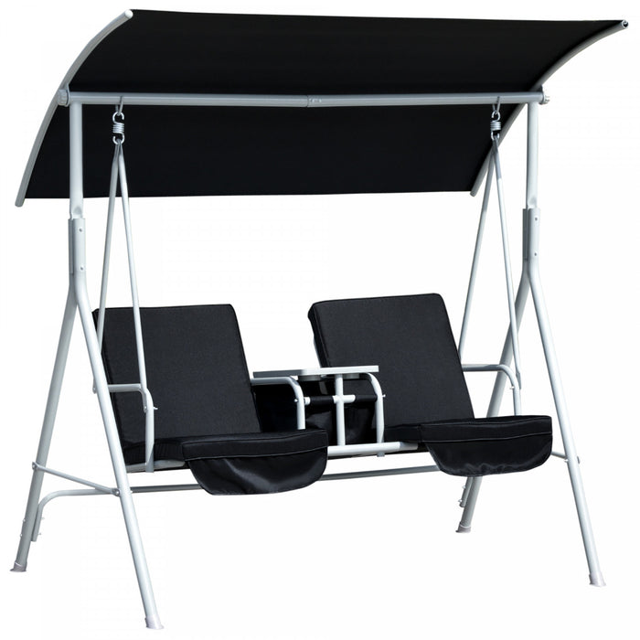Outsunny Double Outdoor Swing Chair 2 Person Covered Swing Porch Swing W/ Pivot Table And Storage Console, Black