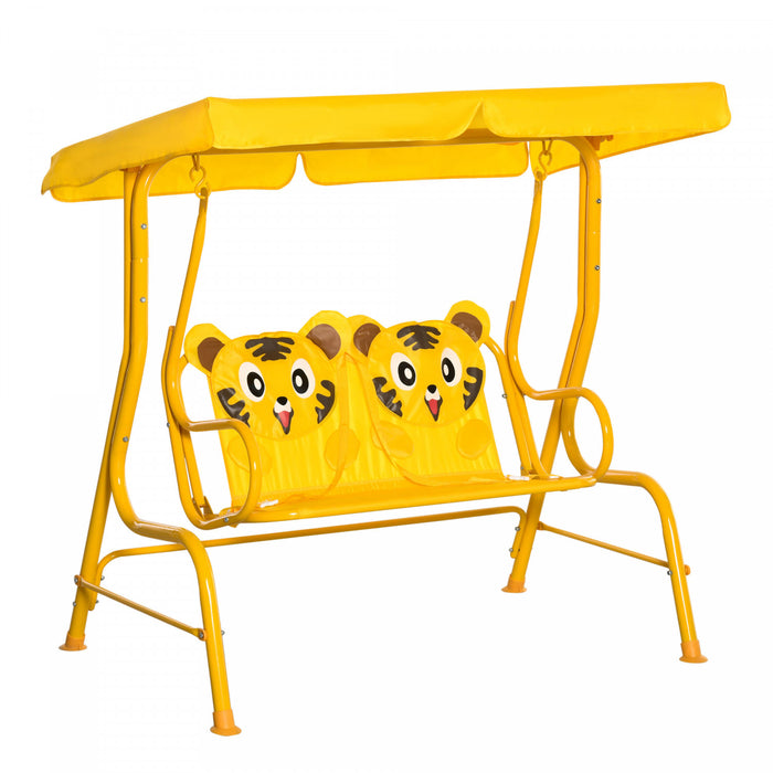 Outsunny 2-seat Kids Porch Swing Chair, Children Outdoor Patio Furniture Lounge Chair For Garden, With Adjustable Canopy, Seat Belt, Tiger Pattern, For 3-6 Years Old, Yellow