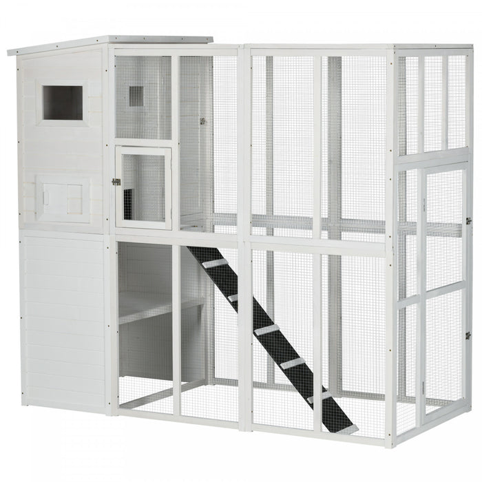 Pawhut Large Catio Outdoor Cat Enclosure Weatherproof Cat House With Cat Condo, Indoor Wooden Cat Cage Pet Kennel, 77\"l X 38\"w X 69\"h, White