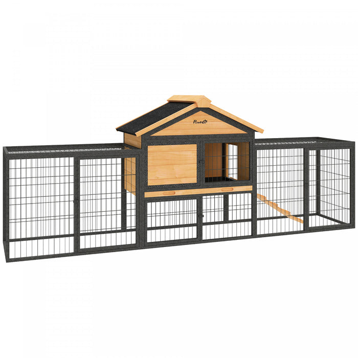PawHut Rabbit Hutch Outdoor, 85\"L Large Wooden Bunny Cage with Run Box, Removable Plastic Tray, Asphalt Roof, Ramp, Guinea Pig Cage for 2-3 Small Animals Backyard Garden, Yellow