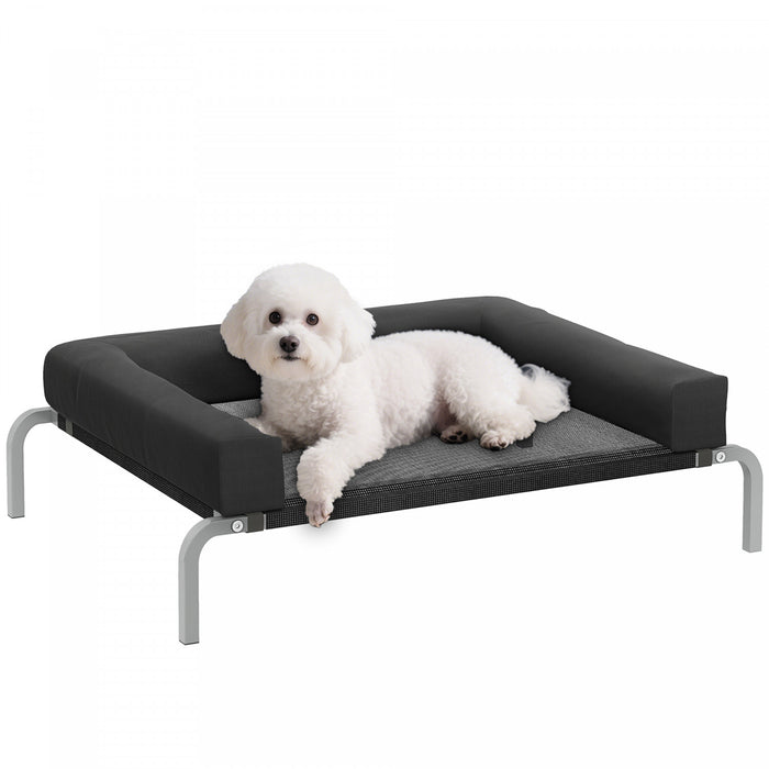 PawHut Elevated Dog Bed, Portable Raised Dog Cot with Breathable Mesh, Metal Frame, Indoor & Outdoor Bolster Pet Cot Bed with Removable and Water-Resistant Bolsters, Black