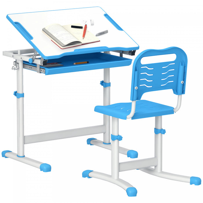 Qaba Kids Desk And Chair Set, Height Adjustable Study Table And Chair Set With Drawer, Pen Slot, Tiltable Desktop, Hook, Blue