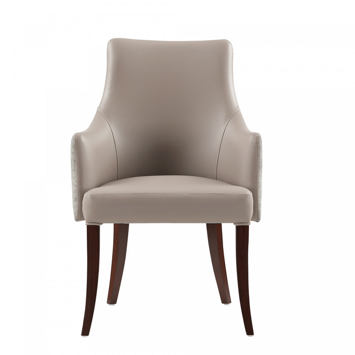 Connie Modern Wood Vegan Leather and Velvet Armchair in Taupe