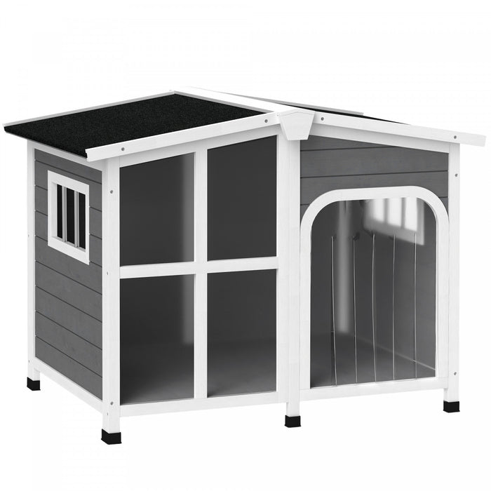 Pawhut Large 42in Wooden Dog House Outdoor With Removable Bottom, Cabin Style Raised Pet Kennel, With Openable Asphalt Roof, Door Curtain, Side Windows For Large Dog, Dark Grey