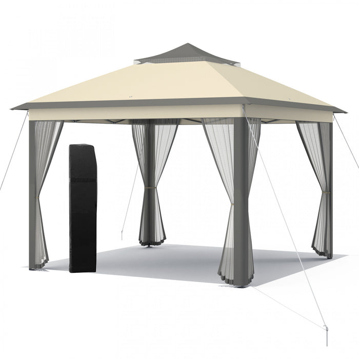 Costway 11'x11' 2-tier Pop-up Gazebo Tent Portable Canopy Shelter Carry Bag Mesh Brown