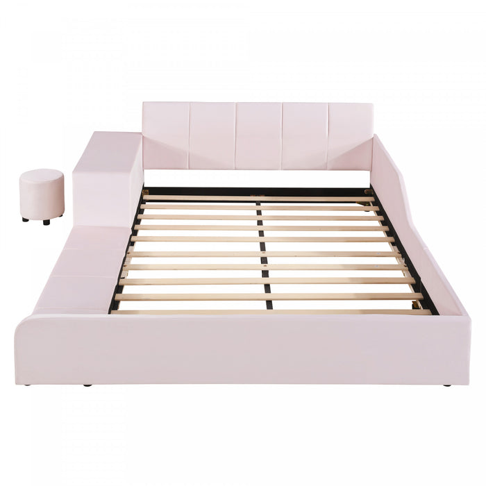 Lily Velvet Upholstered Grounded Bed with Desk and Stool,Queen Size,Pink Queen Bed